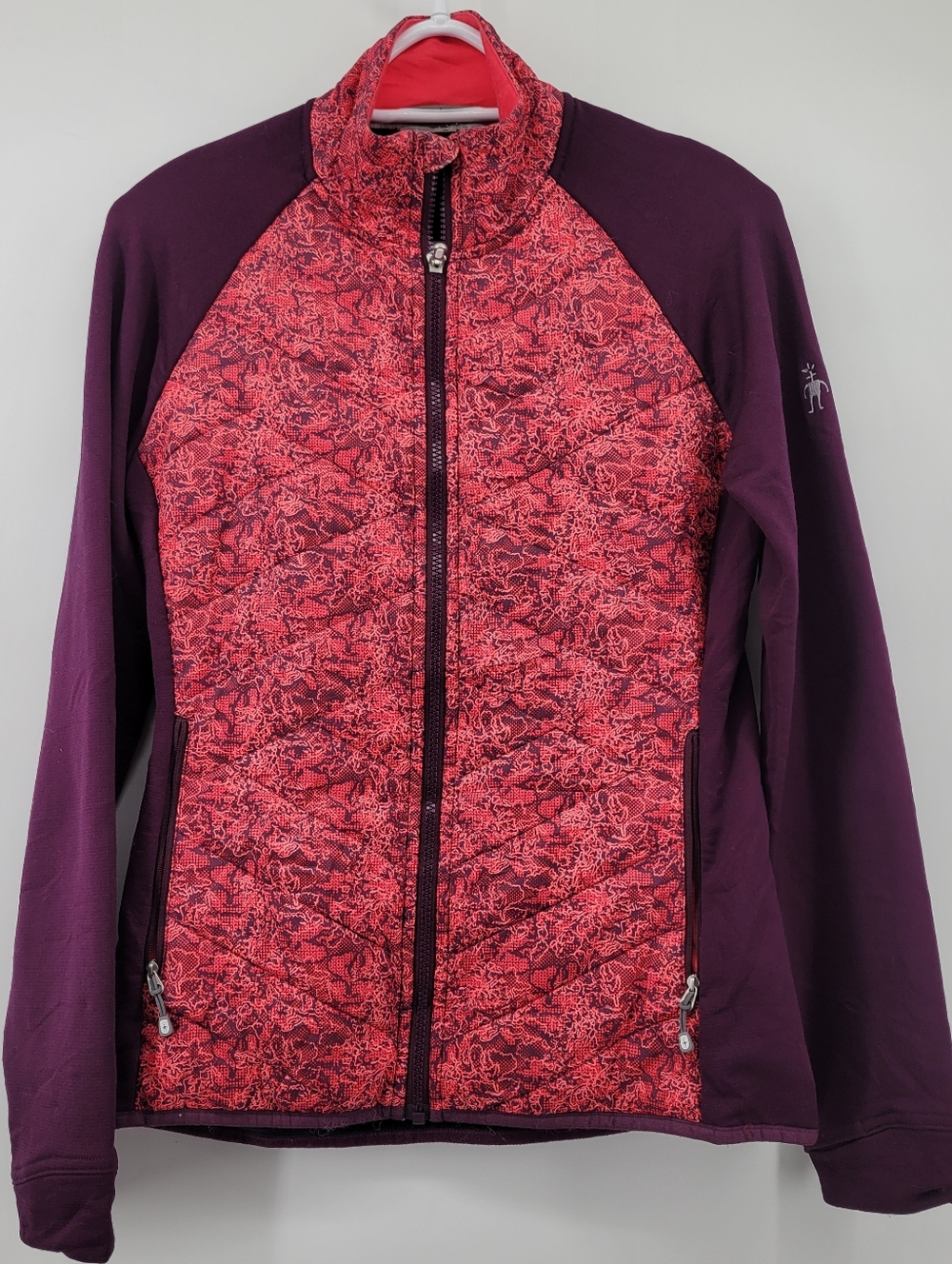 Smartwool Red Patterned Quilted Wool Jacket with Purple Sleeves Size Medium